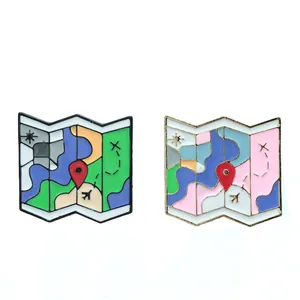 Creative Cartoon Folded Map Enamel Brooch Pin Alloy Travel Theme Airplane Location Icon Badge Jewelry For Travel Lovers Women