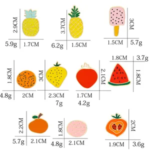 Set of 10 tropical fruit enamel pins including strawberry and pineapple with size details