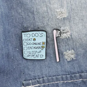 Creative Cartoon Enamel Pins To-Do List And Pink Toothbrush Brooch Alloy Lapel Pin For Backpack Jacket Jewelry Gift For Women