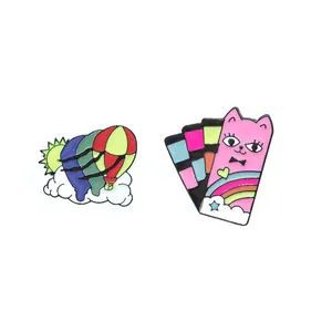 Fashion Creative Cartoon Pink Cat Hot Air Balloon Enamel Pin Set Alloy Brooch For Denim Jackets Backpacks Jewelry Accessory