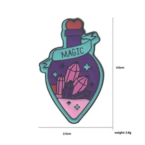 Magic purple potion bottle enamel pin with pink crystals and MAGIC banner 4cm badge