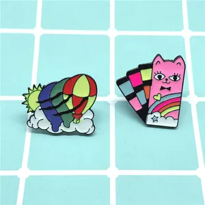 Colorful cartoon cat and hot air balloon enamel pin set for denim jacket accessories