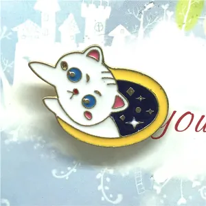 Dettaglio spilla smaltata con gatto bianco, occhi azzurri e sfondo con stelle dorate