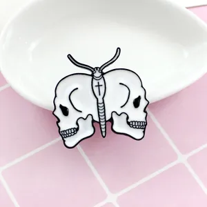 Gothic white butterfly skull enamel brooch pin for denim jackets and creative accessories