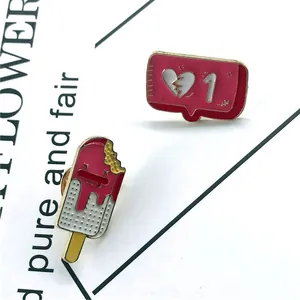 Enamel strawberry ice cream bar and broken heart chat bubble pin badges set