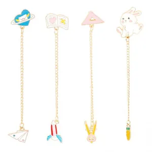 Cartoon Rabbit Book Stationery Enamel Brooch Long Chain Lapel Pin Creative Alloy Drip Oil Jewelry Gift For Shirt Collar