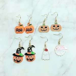 Halloween Pumpkin Ghost Pufferfish Dangle Earrings Alloy Enamel Drip Oil Funny Earrings For Women Festival Party Jewelry
