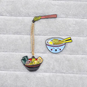 Cartoon ramen noodle enamel pin set with chopsticks and smiling bowl for accessories