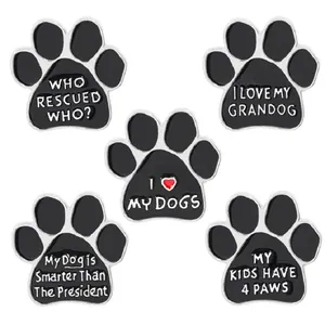 Set of 5 black enamel dog paw pins with cute pet quotes and silver metal outlines