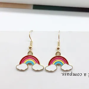 Rainbow and cloud drop earrings with gold hooks and colorful enamel finish for women