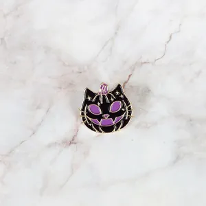 Halloween purple devil cat pumpkin enamel brooch with gold metallic outlines on marble
