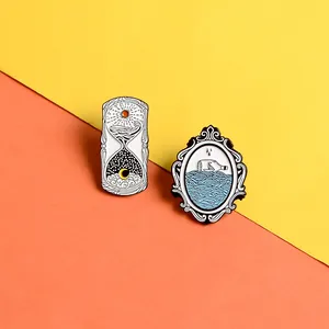 Vintage Hourglass Frame Enamel Brooch Pin Set Alloy Drip Oil Sun Moon Sea Wave Drift Bottle Badge Pin Jewelry For Students