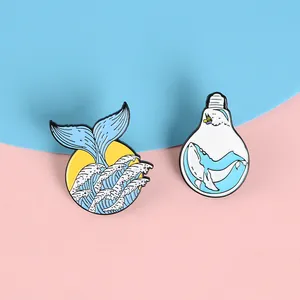 Creative enamel whale tail and light bulb whale brooch set for jackets and backpacks