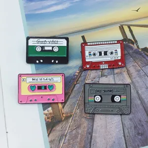 Retro colorful cassette tape enamel pins with creative slogans for denim jacket and bags