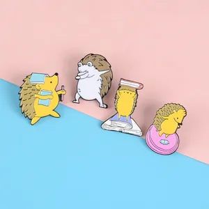 Set of four cute yellow cartoon hedgehog enamel pins in fun study and sport poses