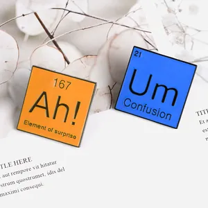 Vue macro des pin's éléments chimiques avec des textes humoristiques de surprise et confusion