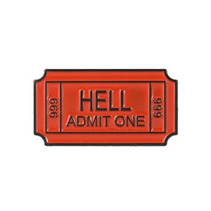 Creative Hell Admit One red enamel pin with 666 ticket design for denim bags and jackets