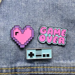 Retro Pixel Art Game Over Video Game Controller Enamel Pin Brooch Alloy Heart Lapel Pin Jewelry Gift For Gamers