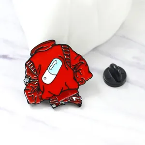 Classic red jacket enamel pin with capsule design inspired by Akira and rubber clutch back