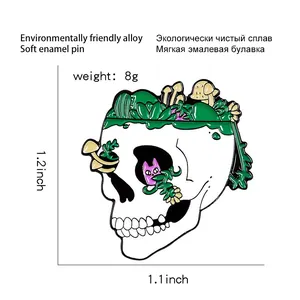 Cartoon skull enamel pin with green plants, mushroom and purple cat in alloy finish