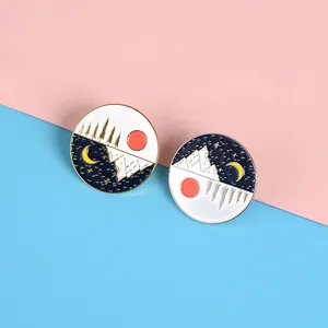 Enamel mountain sun and moon pins set for denim jackets and backpacks lapel accessories