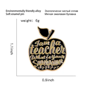 Cartoon apple-shaped teacher gift enamel pin with superpower slogan 1.1x0.9 inches