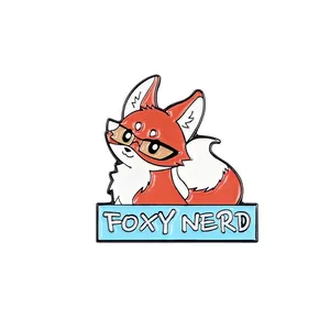 Cartoon red fox wearing black glasses enamel pin with a Foxy Nerd banner design