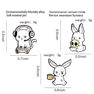 Cute cartoon enamel pins featuring a gamer cat and bunny made of eco-friendly alloy
