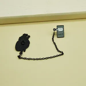 Cartoon heart battery enamel pin set with black chain for jackets and backpacks
