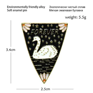 Cartoon white swan triangle enamel pin with Forever text and pink flower accents