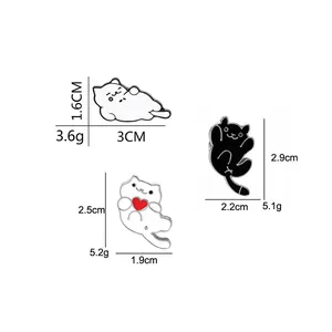 Three cute cartoon cat enamel brooches with size and weight dimensions for clothing