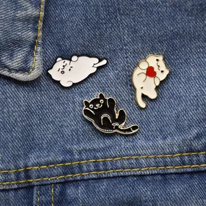 Cute Cartoon Cat Enamel Pins Lazy Kitty Brooches Alloy Drip Oil Jewelry Black White Cat Holding Heart Backpack Lapel Pin Decoration Gift