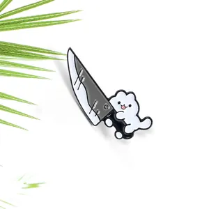 Funny cartoon white cat with kitchen knife enamel brooch pin badge for denim