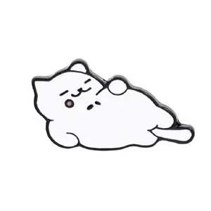 Cute white cartoon cat enamel brooch in lazy lying pose with pink blush detail