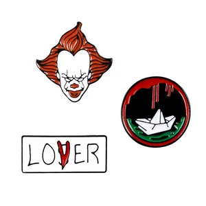 Pennywise clown movie enamel pin set including paper boat and Lover text badge