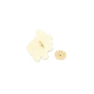 Back view of cute bee flower enamel pin with secure gold butterfly clasp on white background