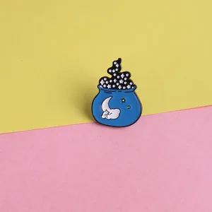 Creative Blue Magic Cauldron Enamel Brooch Pin Moon Star Celestial Starry Sky Badge Fashion Jewelry Gift For Women Men