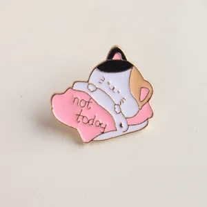 Cute calicot cat sleeping in bed enamel pin with not today text for clothes decor