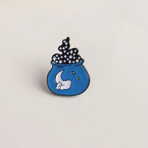 Creative blue potion jar enamel pin with moon and black starry mist mystical design