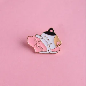 Cute sleeping calico cat enamel pin with Not Today text on pink background