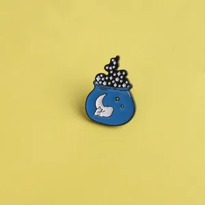 Creative blue magic cauldron enamel brooch with crescent moon and starry black smoke