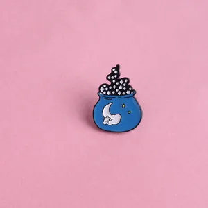 Creative blue canned enamel pin featuring a white moon and sparkling black starry smoke