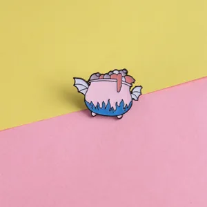 Cartoon Magic Cauldron Enamel Pin Alloy Witch Pot Brooch With Bat Wings Pink Blue Badge For Clothing Bag Halloween Jewelry