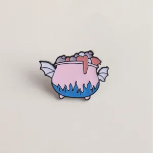 Cute cartoon cauldron enamel pin with bat wings and colorful overflowing ingredients