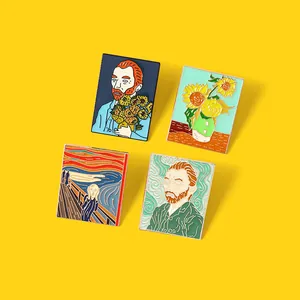 Detailed close-up of four enamel pins featuring Van Gogh portraits and The Scream art