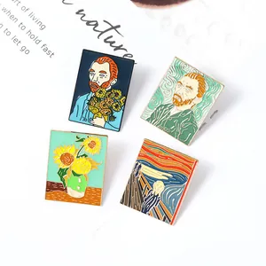 Detail of artistic enamel pins featuring Van Gogh portraits and sunflower on art quote cards