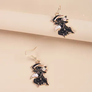 Creative plague doctor drop earrings with cartoon raven and scythe in black enamel finish