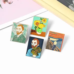 Artistic enamel pins set featuring Van Gogh sunflowers and famous oil painting designs
