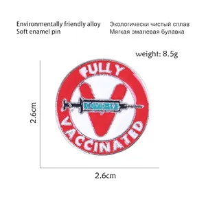 Creative vaccine syringe alloy pin badge with 2.6cm diameter and red enamel finish