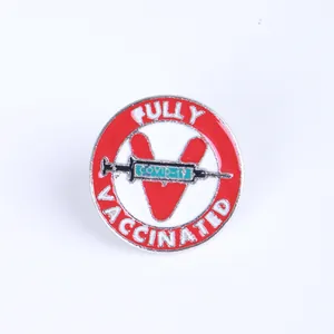 Round Fully Vaccinated COVID-19 metal enamel pin with red V and syringe design